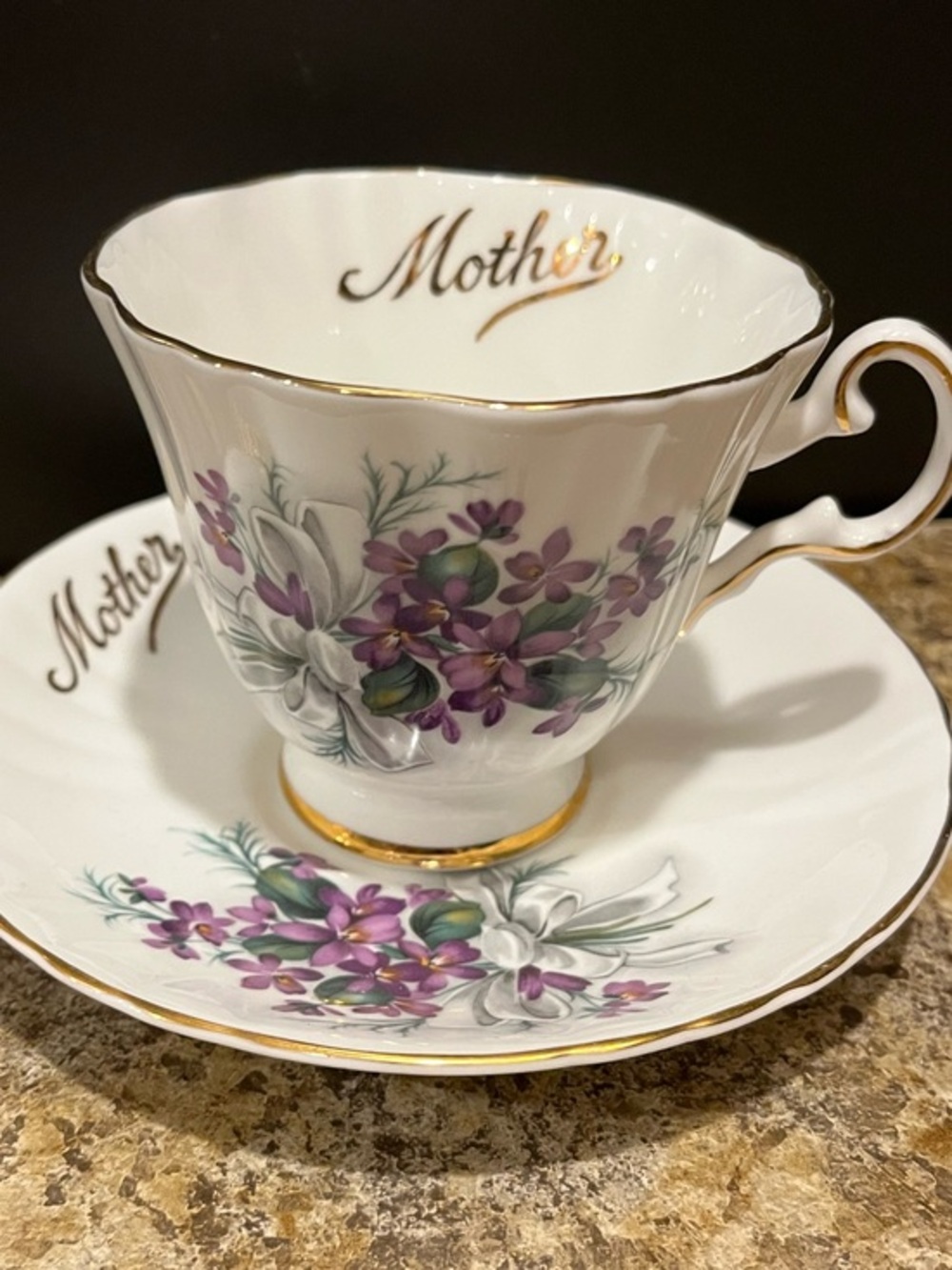 Royal Grafton “Mother” Floral Teacup & Saucer - Purple Violets with Gold Trim